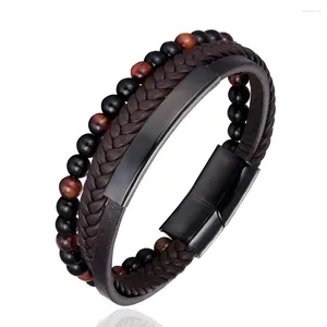 Charme pulseiras na moda de aço inoxidável 6mm natural tigre olho contas pulseira multi-camada de couro mulheres homens faixa de pulso