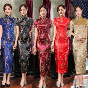 Sıcak satış Çin tarzı yeni klasik kadınlar ipek saten uzun tang takım elbise seksi moda Cheongsam etek düğün parti elbiseler Qipao boyutu S-4XL