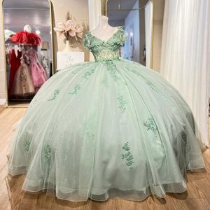 Ljusgrön glänsande bollklänning från axeln quinceanera klänningar applikationer spetspärlor tull korsett vestidos de 15 anos