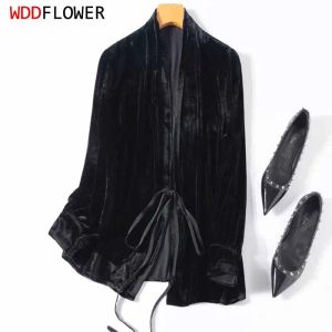 Shirt Women Silk Shirt 100% Mulberry Silk Velvet Solid Color Black V Neck Long Sleeve Tie Cardigan Coat Top Blouse Office Lady M1044