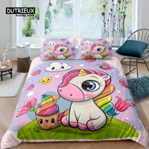 Set Ev Yaşam Lüks 3D Karikatür Unicorn Yatak Seti Yıldız Yorum Kapağı Yastık Kılıf Kraliçe ve Kral EU/US/AU/İngiltere Boyut Yatak Yatak Çörek Perdeler