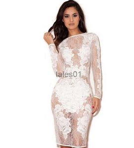 Basic Casual Dresses Sexy Mini Bodycon Party Bandage Dresses Long Sleeves Bodysuit Lace patchwork see through 240302