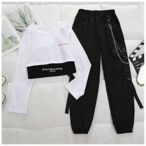 Capris Sports casual suit women's loose Harem Pants high waist slim short long sleeve Tshirt suit vintage punk jersey streetwear y2k