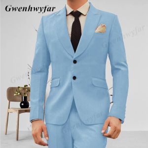 Suits Gwenhwyfar Peak Lapel Groomsmen Wedding Tuxedos in Sky Blue include Two Buttons Blazer and Slim Fit Pants Plain Color Men Outfit