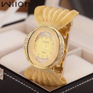 Watches Mesh Band Women Watch Fashion Oval Gold Armband Alloy Quartz Watch Dress Rhinestone Women's Wristwatches Ladies Armband Clock