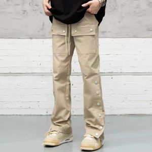 Pantaloni Tasche laterali con bottoni alla caviglia Pantaloni cargo con coulisse Pantaloni da uomo dritti tinta unita Streetwear Salopette casual ampia Pantaloni unisex Y2K