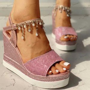 Sandals 2021 New Women Wedge Sandals Summer Bead Studded Detail Platform Sandals Buckle Strap Peep Toe Thick Bottom Casual Shoes Ladie T240302