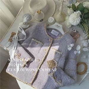 Womens Clothing autumn Jackets fragrance high-end cardigan plush lavender purple coarse tweed chain short top Coats 230226