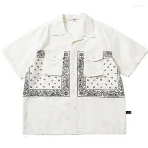 Camicie casual da uomo Camicia estiva bianca blu scuro con stampa di fiori di anacardo giapponese a maniche corte per ragazzi