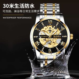 Biden Mens Watch Automatic Hollow Out Mechanical Watch Steel Belt Waterproof Fashion Luminous Needle Mens Watch