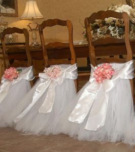 Pure White Tutu Tulle Chair Sashes Satin Bow Sash Custom Made Chirt Kjol Ruffles Wedding Decorations Stol täcker födelsedagsfest 4447007