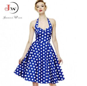 Mulheres Polka Dot Dress Verão Hepburn 50s 60s Vintage Aline Halter Rockabilly Retro Party es Vestidos 2105106327720