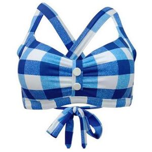 Swimwear Women Vintage Blue Plaid Halter Bikini Swimsuit Plus Size Cross Straps Bathing Suit Double Layer Top & Bottom Swimwear Wholesale