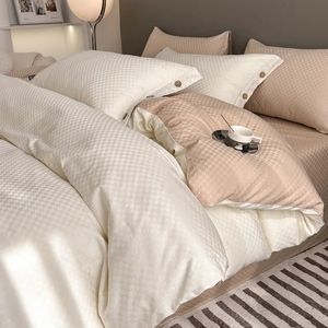 Conjunto de cama xadrez jacquard de alta qualidade 100% algodão final king size capa de edredão com lençóis conjuntos amigáveis à pele 240226