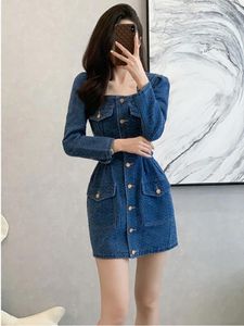 Casual Dresses French Square Neck Bubble Sleeves Women Denim Skirt Spring Vintage Single Breasted Belt Collar Pocket