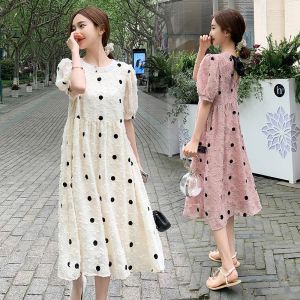 Dresses 250# Maternity Clothes Summer Dot O neck Chiffon Short Sleeve Loose Stylish Dress for Pregnant Women Pregnancy Clothes