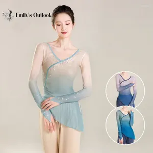 Stage Wear Dancewear Women Tops Sparkle Rhinestone Shine Dancer Long Sleeve Shirt Thumb Finger Hole Chinese Style Sheer Hanfu Oriental