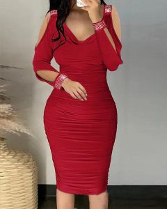 Giyim Seksi Kadınlar Mini Bodycon Gece Elbise Kırmızı Kapalı Omuz Uzun Kollu Prom Elbisesi Slim Fit Zarif Kadın Brithday Elbiseler