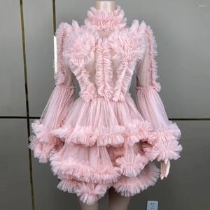 Casual Dresses Pink Lovely Fluffy Mesh Dress Trumpet-Sleeve Princess Layered Evening Party Prom Nightclub Performance Costume Stage Wear