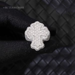 Wholesale Hip Hop Ice Out VVS Baguette Moissanite Diamond Cross Shape Sier Jewelry Custom Cuban Ring