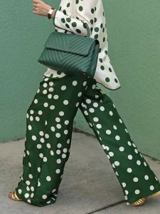 Capris Lemongor Women Fashion Polkadot Elasticity Waist Wide Leg Pants Spring Summar Curagy Green Pounters Bottoms 2023 New