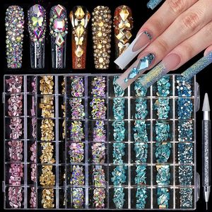 24 grades formas misturadas jóias luxo diamante brilhante para decorações da arte do prego diy conjunto de cristal vidro com caneta broca ponto 240229