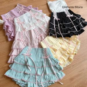 Japansk kawaii lolita stil veckade kjolar kvinnor hög midja rosa bandage fairy y2k estetik kjol söt faldas mujer moda 240227