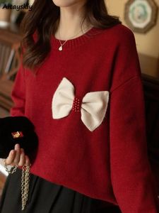 Pulôver ano de natal vermelho na moda arco design adorável allmatch suéteres harajuku outono inverno senhoras doce malhas 240228