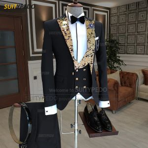 Dräkter lyxiga män kostymer guldtryckt krage formell prom man elegant kostymjacka västbyxor 3 stycken bröllop fest mode tuxedos