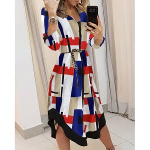 Dresses Vneck Casual Loose Holiday Midi Dress Plus Size Spring Summer Lady Cover Up Women's Shirt Dress Wave Print Long Sleeve