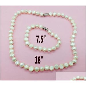 Earrings & Necklace Necklace Earrings Set 9Mm Natural Pearl White Freshwater Baroque Bracelet Suction Powerf Magnetic Buckle Drop Del Dhi18