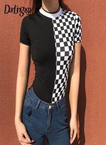 Darlingaga Fashion checkerboard bodysuit short sleeve body mujer bodycon jumpsuits for women black white checkered bodysuit Y200908415865