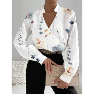 Kvinnors blusar Elegant Chiffon-skjorta för kvinnor Y2K ins kläder Hösten Long Lantern Sleee Stand Collar V Neck Blus T-shirt 2024