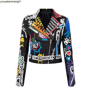 Rivet Beading Pu Leather Jacket Women Graffiti Colorful Print Biker Jackets and Coats Punk Streetwear