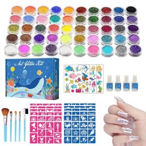 Brushes 50 Glitter Colors Tattoo Kit with Stencil Glue Brush Makeup Body Glitter Body Art Design for People Body Painting Glitter Powder