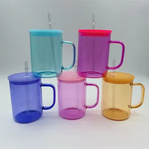 Jell Color 17oz Sublimation Glass Cups With Handle Camper Tumbler Juice Jar Iced Beverage Beer Can Glasses Borosilicate Coffee Mugs With Colored Plastic Lids & Straws