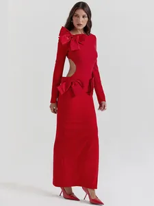 Casual Dresses O Neck Long Sleeve Bodycon Club Party Dress Elegant Bow Backless Sexy Maxi For Women Fashion Red