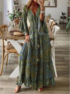 Abito da donna Bohemian Beach Maxi Autunno Casual Scollo a V Abiti a maniche lunghe Donna Vintage Stampa floreale Longuette Grace Temperamento