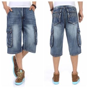 Muiti Pocket Długość kolan dżins dla mężczyzn Summer Hip Hop Dance Lose Fit Man Worbgy Cargo Jean Shorts