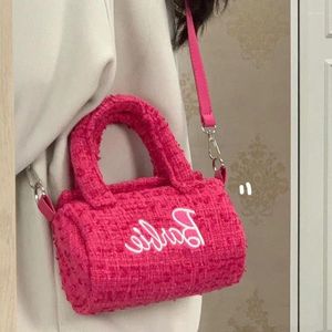 Evening Bags MBTI Pink Cute Womens Shoulder Bag Letter Embroidery Barrel-shaped Designer Handbag Elegant Korean Fashion Casual Crossbody
