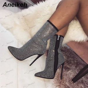 Sandaler Aneikeh Spring Banquet Sexig Shiny Crystal Rhinestones Womens Ankle Boots High Heels Nightclub Moderna Booties for Females Shoes T240302