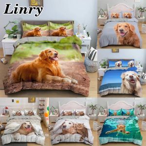 Set Animal 3D Bedding Set Golden Retriever Dog Printed Quilt Cover Cumow Case Däcke Cover Set 2/3pcs Single Queen King Size Bedding Sheer Gardiner