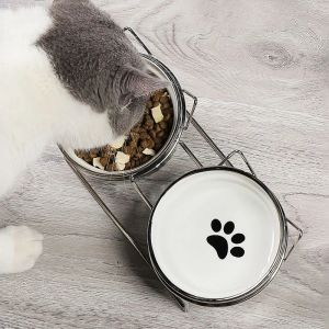 Supplies Ulmpp Cat Bowl Ceramic Detachable with Metal Stand Mat Kitten Puppy Food Feeding Double Dish Elevated Water Feeder Dog Supplies