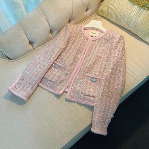 Luxury Small Fragrance Jackets Coats Female Autumn Winter French Style Short Sequins Tweed Pink Jacket ONeck Womens Top 240226