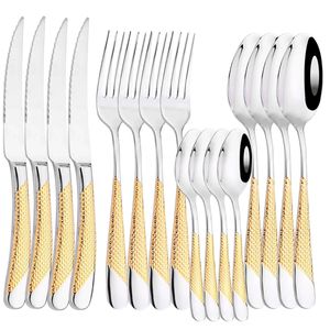 16PCS Sliver Sliver ze stali nierdzewnej Gold Gold Planed Western Stołka stołowa Zestaw obiadowy lustrzane nóż łyżka zmywarka do naczyń sejf 240301