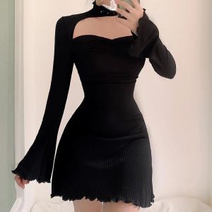 Elbise siyah bodycon kesim mini elbise örgü vintage seksi aline tam kollu parti gece elbise kadın sokak kıyafetleri vestidos