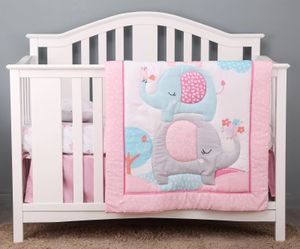 3-teiliges Babybett-Bettwäsche-Set für Mädchen, Blumenelefant, inklusive Steppdecke, Bettlaken, Kinderbettrock 240220