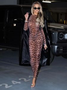 Kleid Leopard Kleider Für Frauen Mode Sexy Club Streetwear Gedruckt Volle Hülsen ONeck Bodycon Hüfte Wrap Lange Vestidos Roben Weibliche