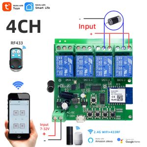 コントロール4CH WIFIスマートホームモーターコントローラー、DC 12V 24V 32V 220V RF433リモート、4チャンネルリレースイッチ、アリスアレクサ、Tuya Smart Life