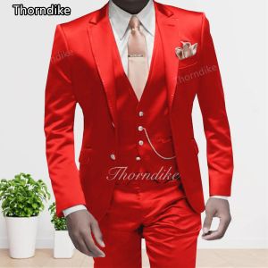 Suits Thorndike 2023 Tailored Shiny Satin Red Men Suits Slim Fit Peaked Lapel Blazer Trousers Outfit Wear 3Pcs Jacket Pants Costume